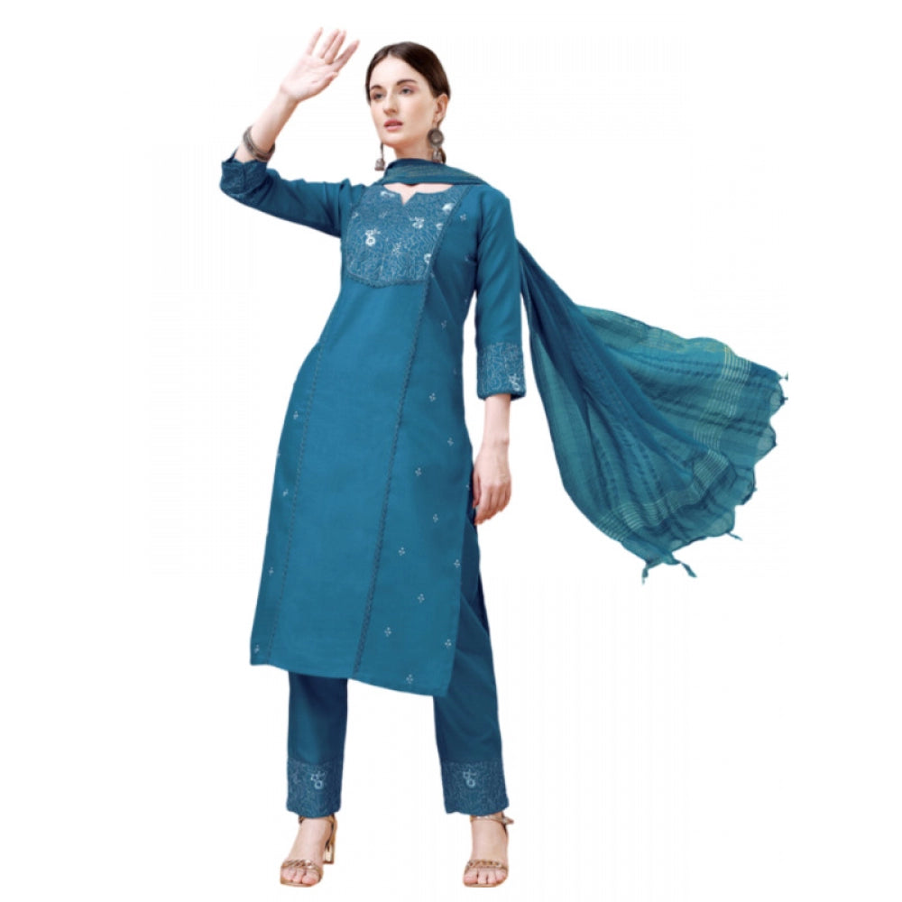 Generic Women's Casual 3-4 th Sleeve Embroidery Cotton Kurti Pant Dupatta Set (Blue ) - Noble Nook