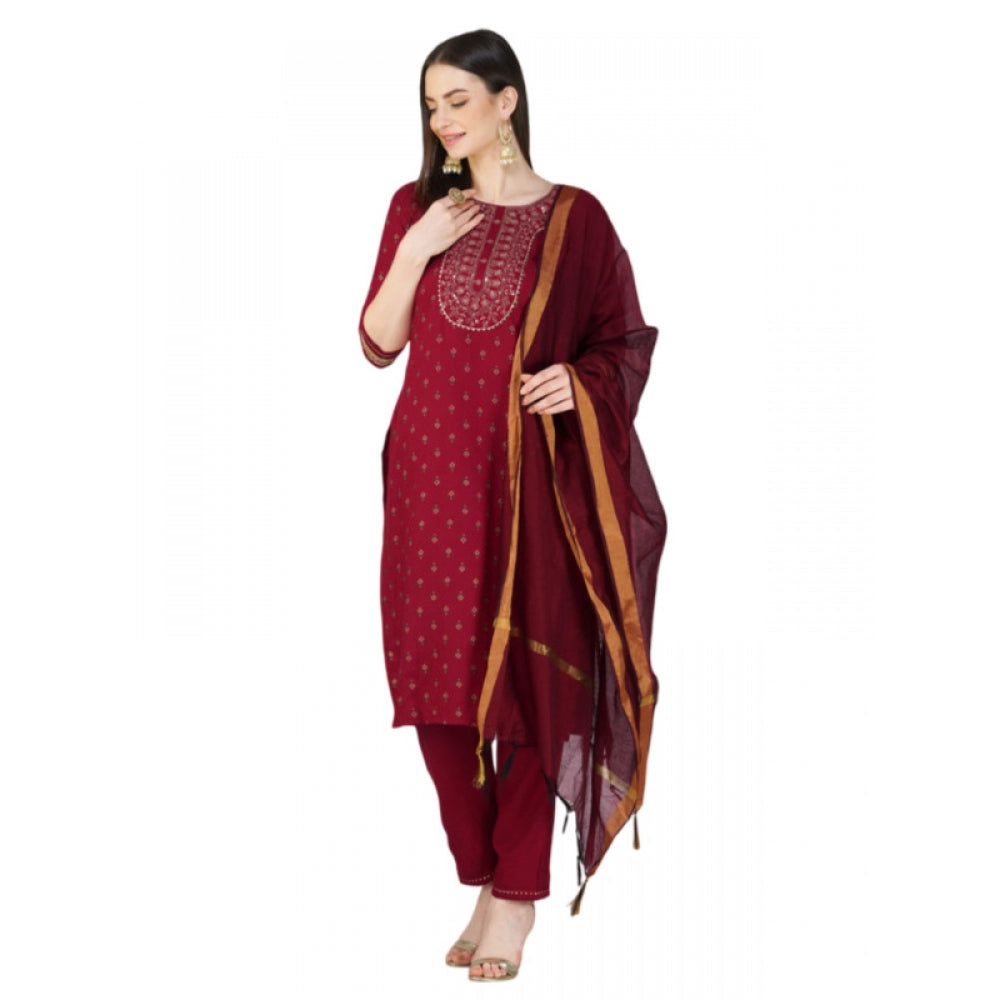 Generic Women's Casual 3-4 th Sleeve Embroidery Cotton Kurti Pant Dupatta Set (Maroon) - Noble Nook