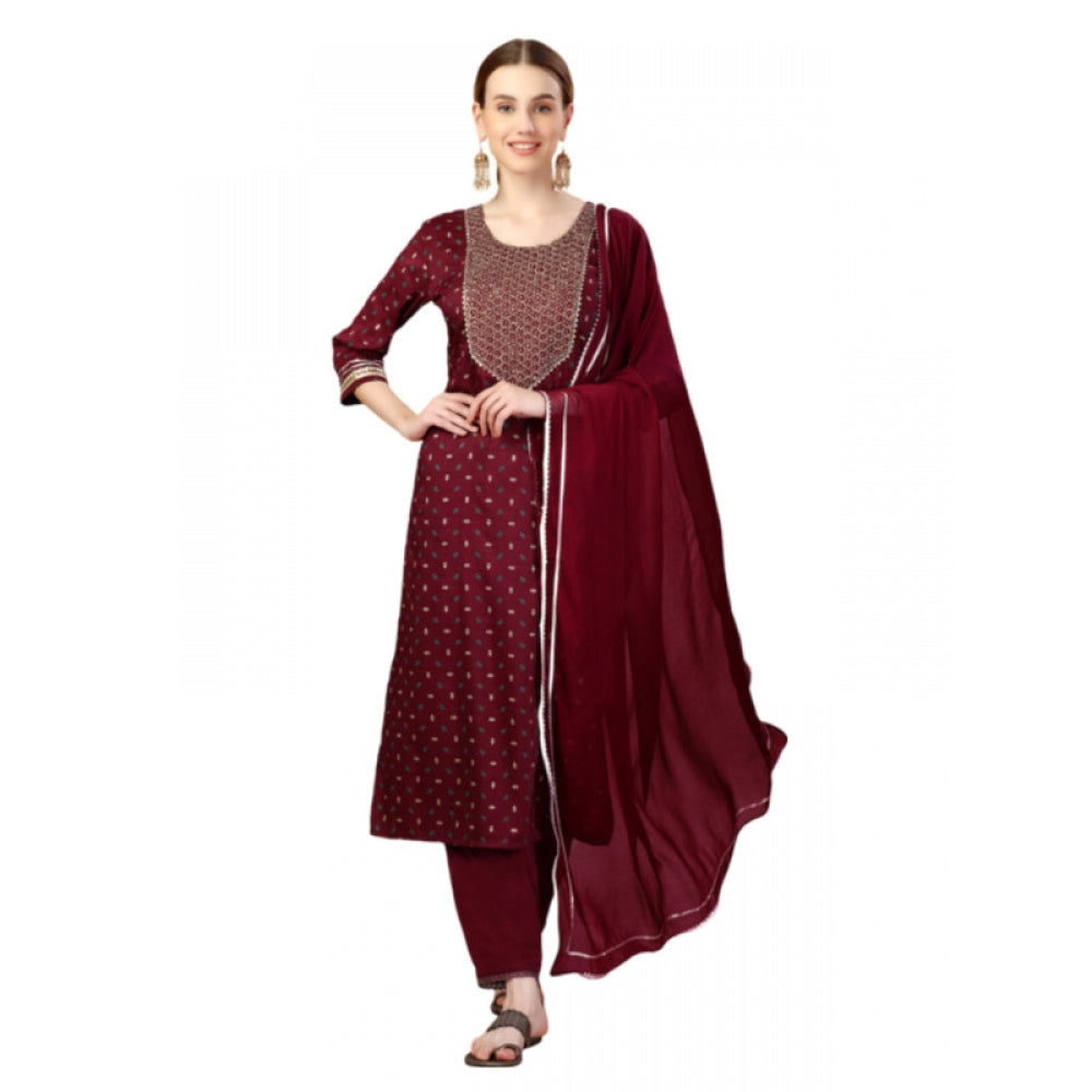 Generic Women's Casual 3-4 th Sleeve Embroidery Silk Blend Kurti Pant Dupatta Set (Maroon) - Noble Nook