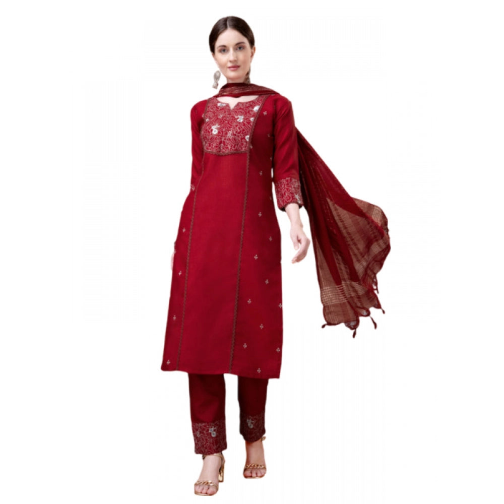 Generic Women's Casual 3-4 th Sleeve Embroidery Cotton Kurti Pant Dupatta Set (Maroon) - Noble Nook