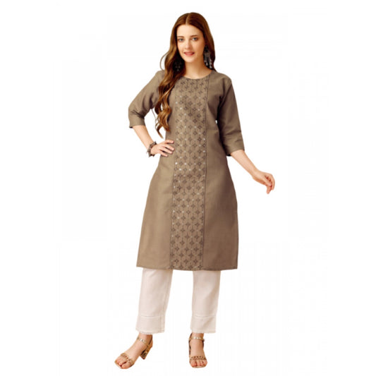 Generic Women's Casual 3-4 th Sleeve Embroidery Cotton Kurti Pant Set (Beige) - Noble Nook