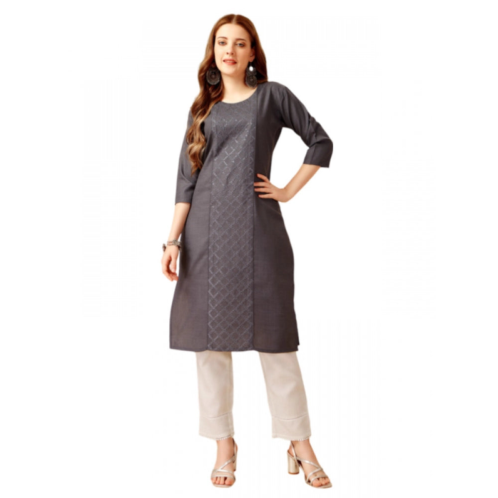 Generic Women's Casual 3-4 th Sleeve Embroidery Cotton Kurti Pant Set (Grey) - Noble Nook