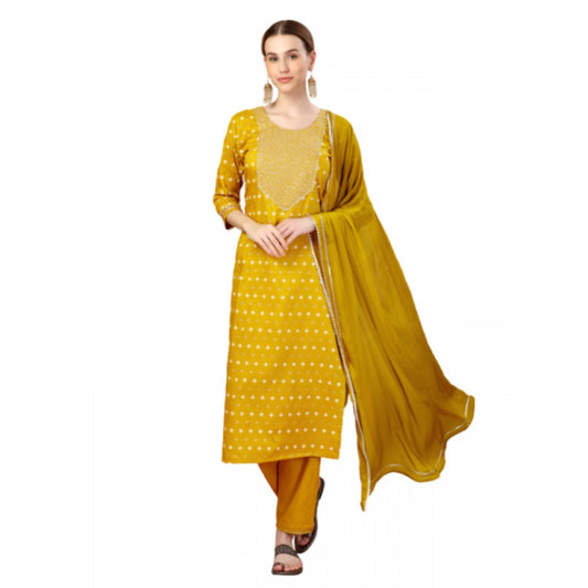 Generic Women's Casual 3-4 th Sleeve Embroidery Silk Blend Kurti Pant Dupatta Set (Golden) - Noble Nook