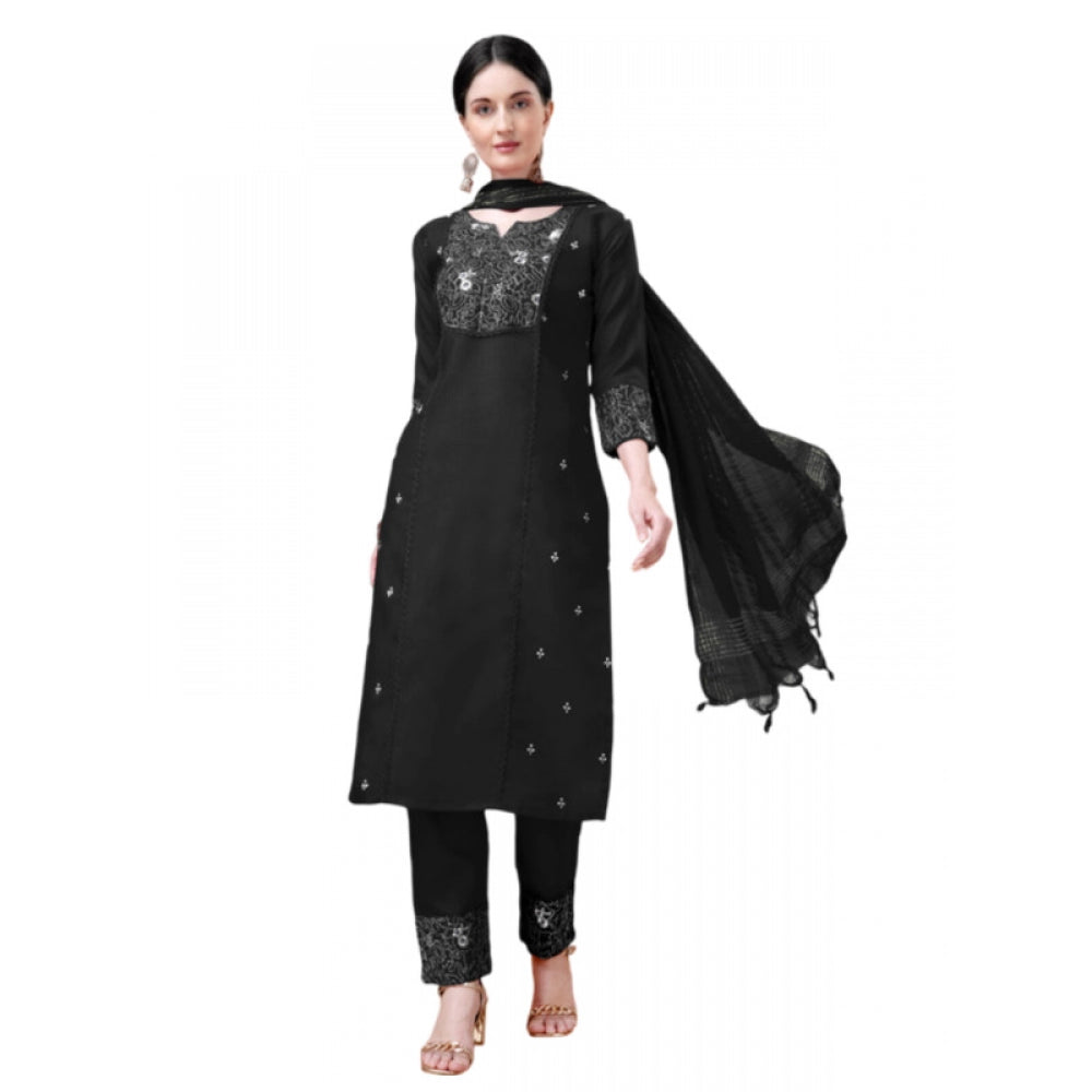 Generic Women's Casual 3-4 th Sleeve Embroidery Cotton Kurti Pant Dupatta Set (Black) - Noble Nook