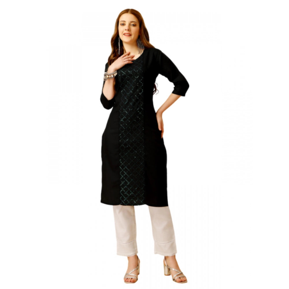 Generic Women's Casual 3-4 th Sleeve Embroidery Cotton Kurti Pant Set (Black) - Noble Nook