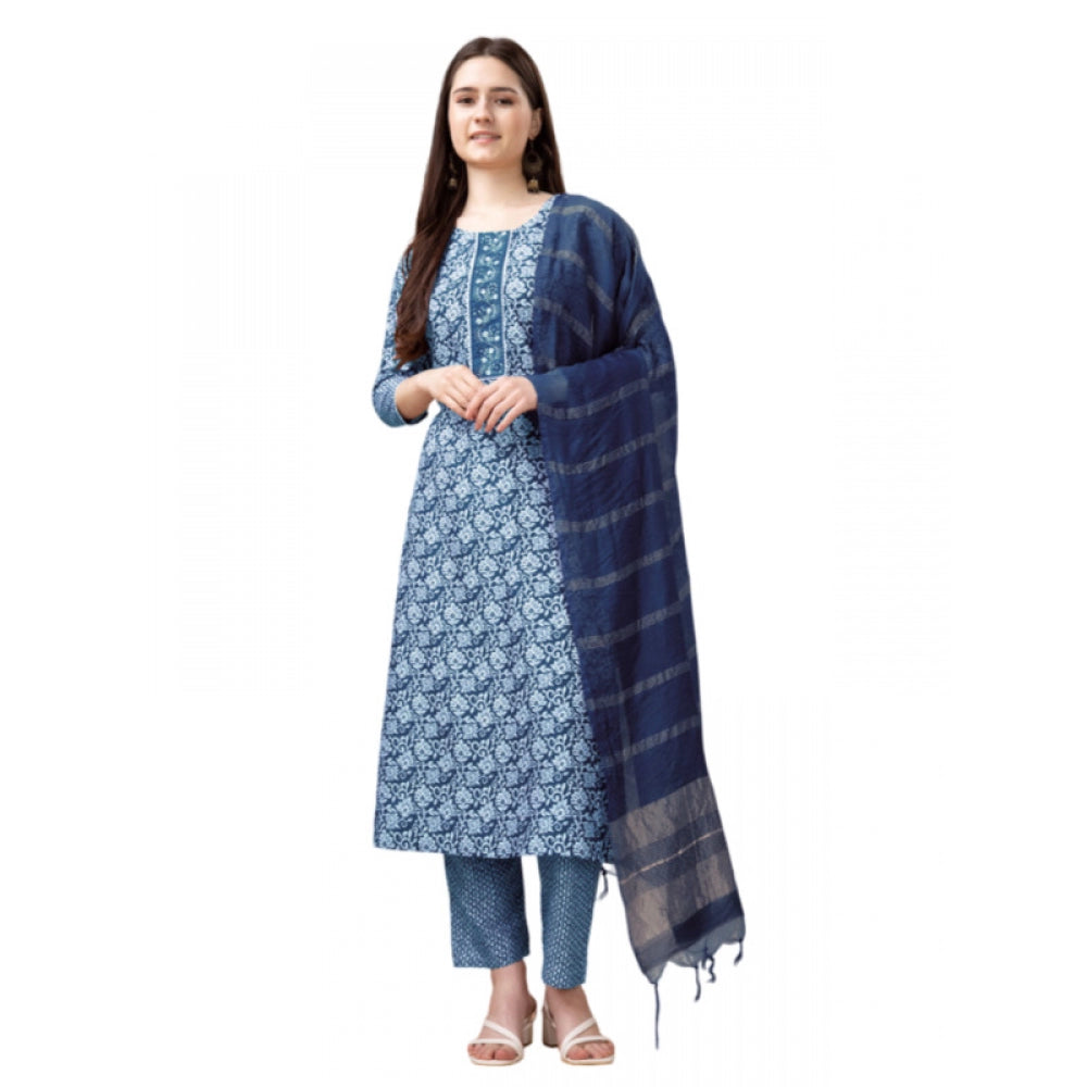 Generic Women's Casual 3-4 th Sleeve Embroidery Rayon Kurti Pant Dupatta Set (Light Blue) - Noble Nook