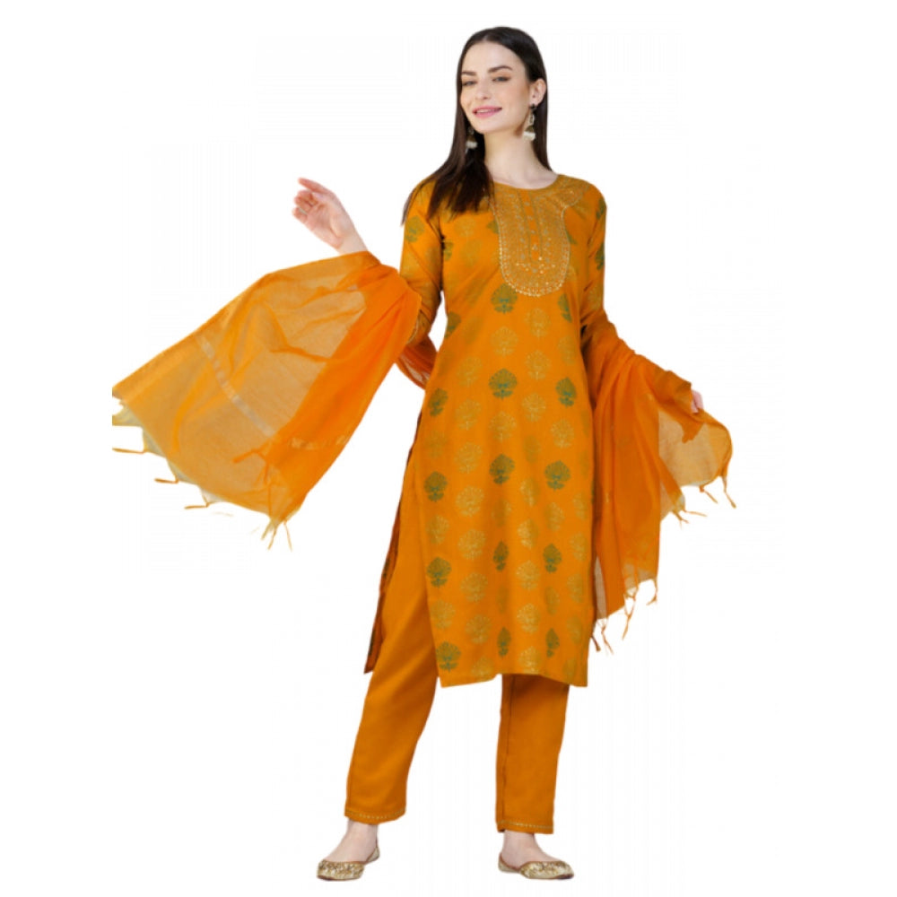 Generic Women's Casual 3-4 th Sleeve Embroidery Cotton Kurti Pant Dupatta Set (Yellow) - Noble Nook