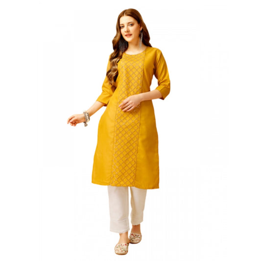 Generic Women's Casual 3-4 th Sleeve Embroidery Cotton Kurti Pant Set (Yellow) - Noble Nook