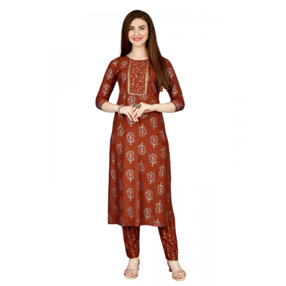 Generic Women's Casual 3-4 th Sleeve Embroidery Rayon Kurti Pant Set (Brown) - Noble Nook