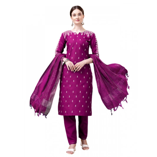 Generic Women's Casual 3-4 th Sleeve Embroidery Cotton Kurti Pant Dupatta Set (Purple) - Noble Nook