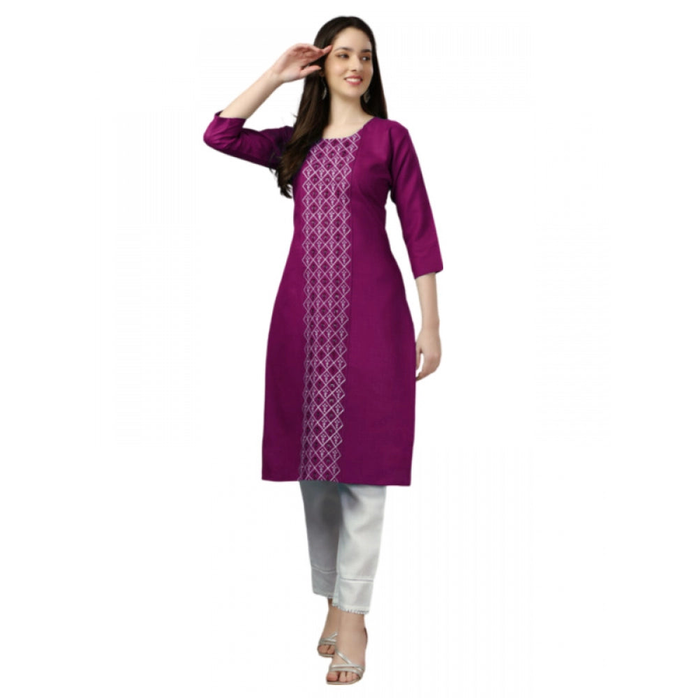 Generic Women's Casual 3-4 th Sleeve Embroidery Cotton Kurti (Purple) - Noble Nook