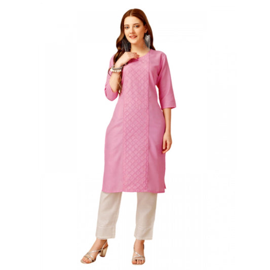 Generic Women's Casual 3-4 th Sleeve Embroidery Cotton Kurti Pant Set (Pink) - Noble Nook