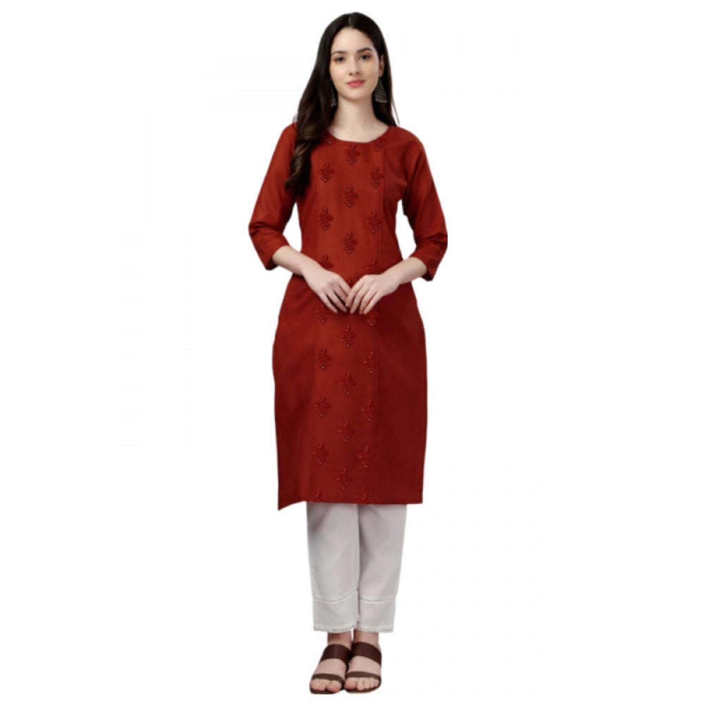 Generic Women's Casual 3-4 th Sleeve Embroidery Cotton Kurti (Rust) - Noble Nook