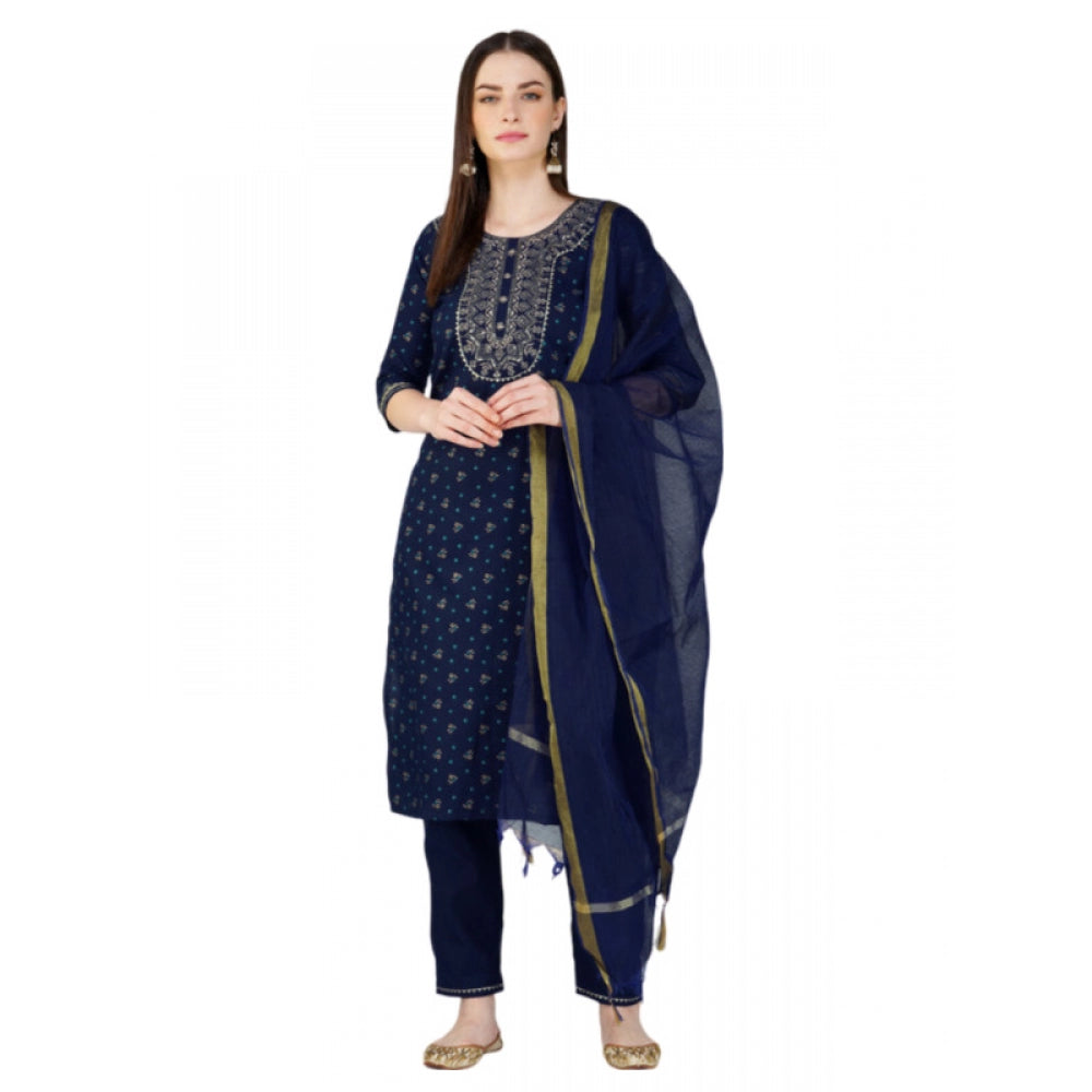 Generic Women's Casual 3-4 th Sleeve Embroidery Cotton Kurti Pant Dupatta Set (Dark Blue) - Noble Nook