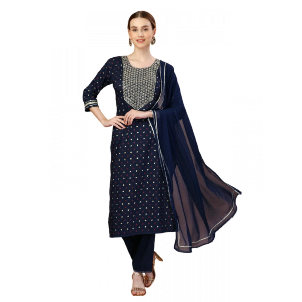 Generic Women's Casual 3-4 th Sleeve Embroidery Silk Blend Kurti Pant Dupatta Set (Navy Blue) - Noble Nook