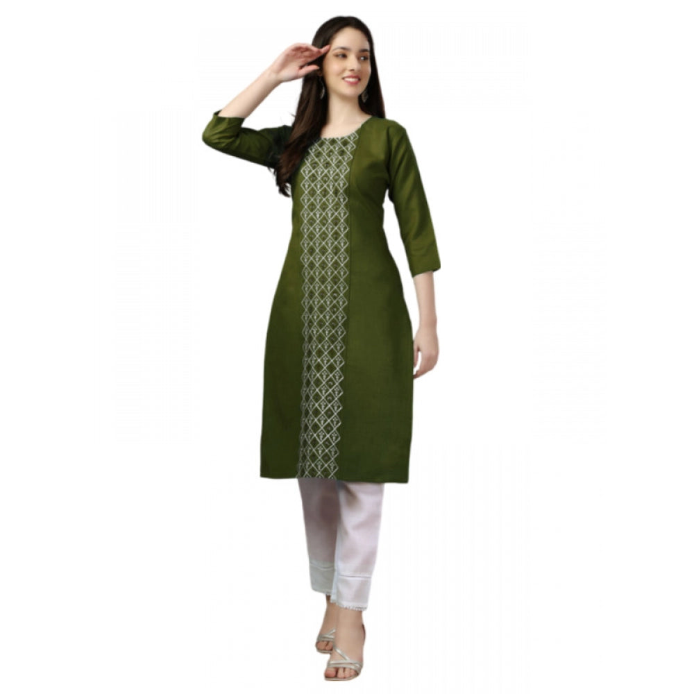 Generic Women's Casual 3-4 th Sleeve Embroidery Cotton Kurti (Dark Green) - Noble Nook