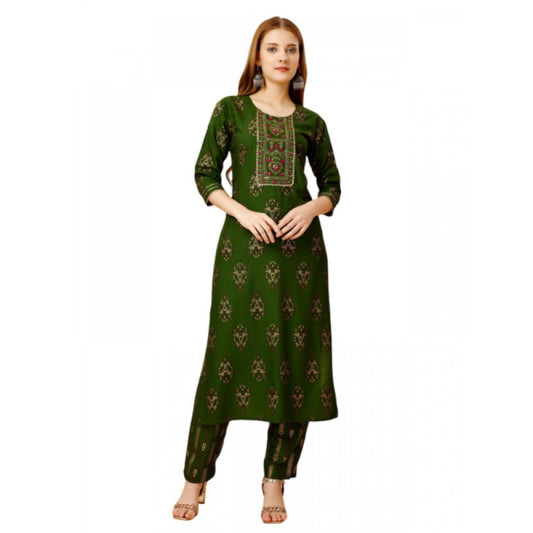 Generic Women's Casual 3-4 th Sleeve Embroidery Rayon Kurti Pant Set (Green) - Noble Nook