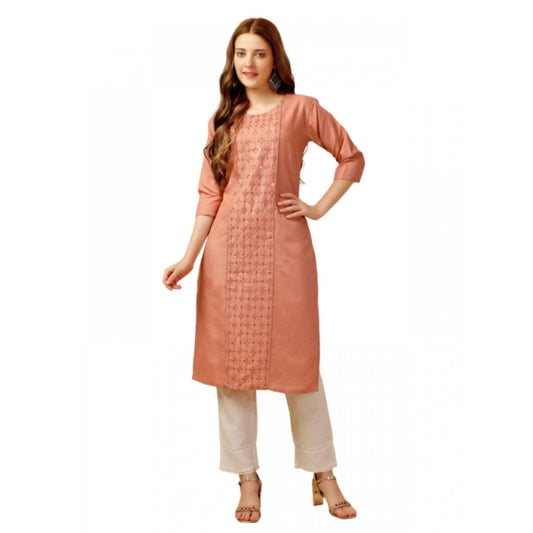 Generic Women's Casual 3-4 th Sleeve Embroidery Cotton Kurti Pant Set (Orange) - Noble Nook