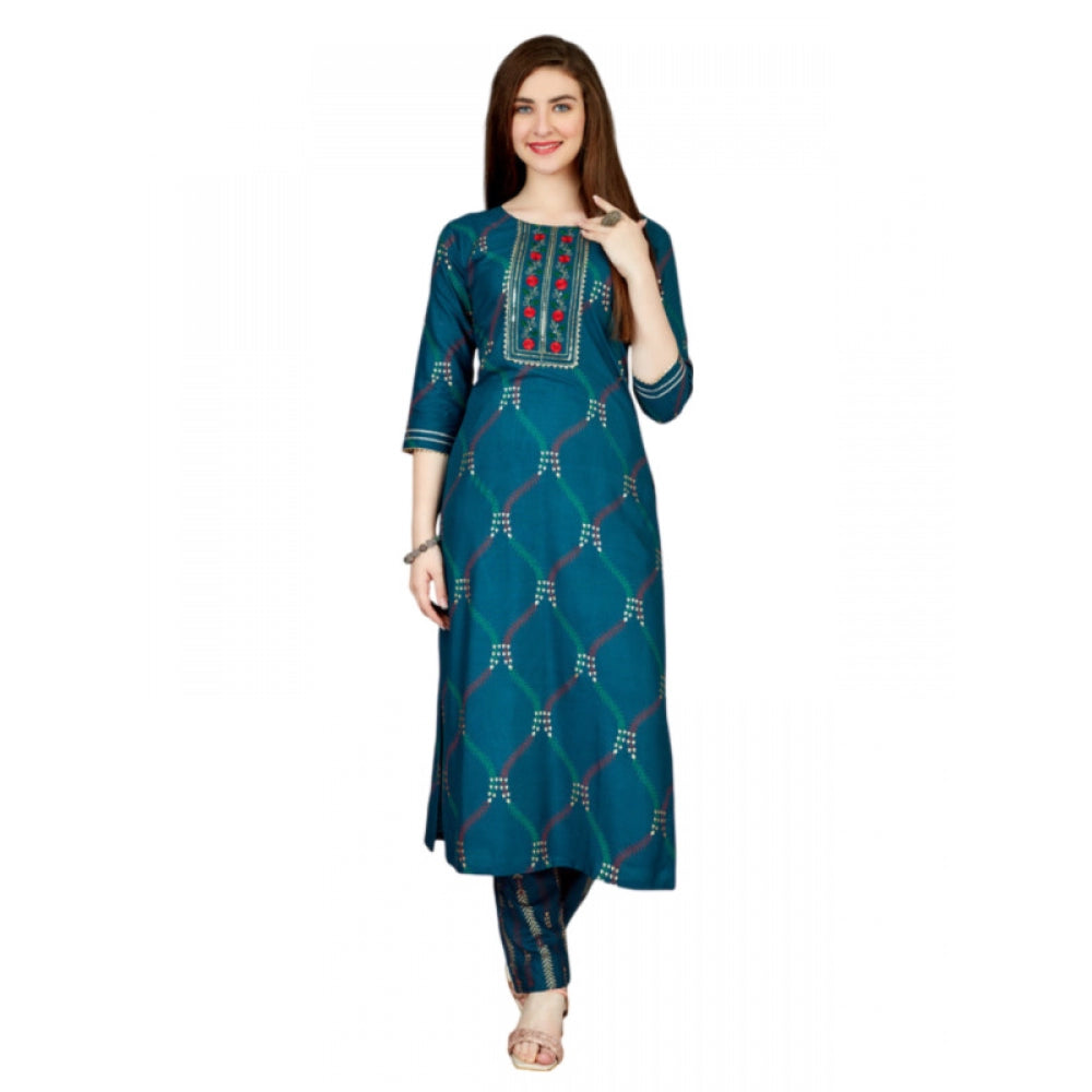 Generic Women's Casual 3-4 th Sleeve Embroidery Rayon Kurti Pant Set (Dark Blue) - Noble Nook