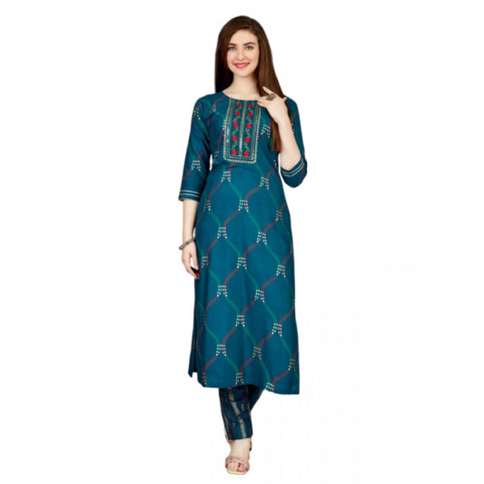 Generic Women's Casual 3-4 th Sleeve Embroidery Rayon Kurti Pant Set (Dark Blue) - Noble Nook