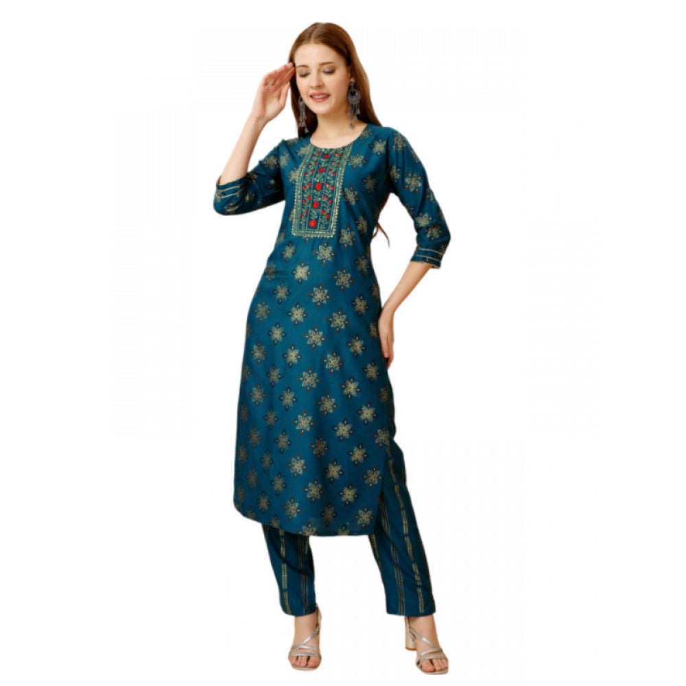 Generic Women's Casual 3-4 th Sleeve Embroidery Rayon Kurti Pant Set (Blue) - Noble Nook