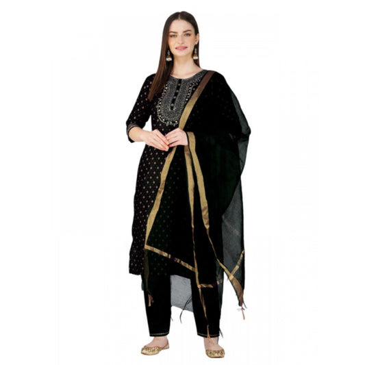 Generic Women's Casual 3-4 th Sleeve Embroidery Cotton Kurti Pant Dupatta Set (Black) - Noble Nook