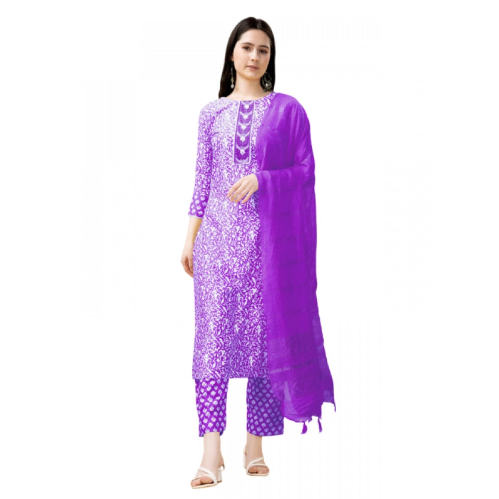 Generic Women's Casual 3-4 th Sleeve Embroidery Rayon Kurti Pant Dupatta Set (Purple) - Noble Nook