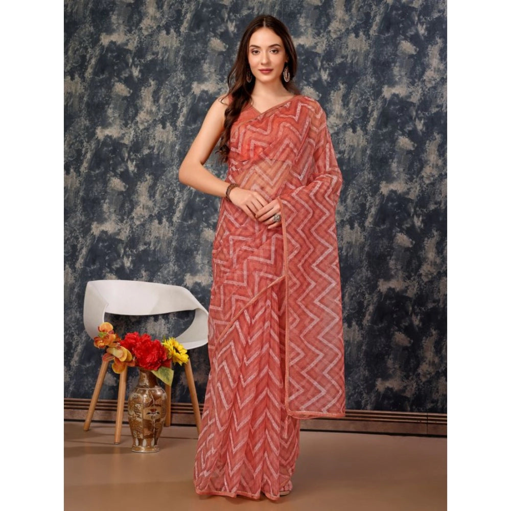 Generic Women's Linen Zig Zag Saree With Unstitched Blouse (Peach, 5-6 Mtrs) - Noble Nook