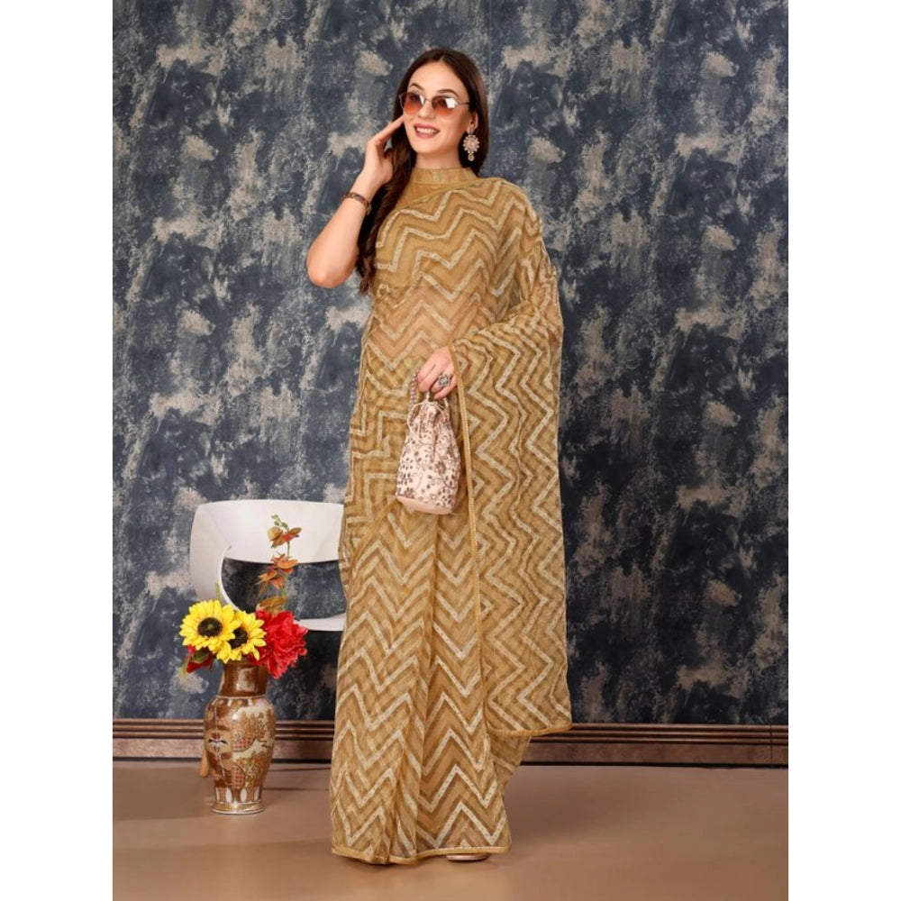 Generic Women's Linen Zig Zag Saree With Unstitched Blouse (Beige, 5-6 Mtrs) - Noble Nook