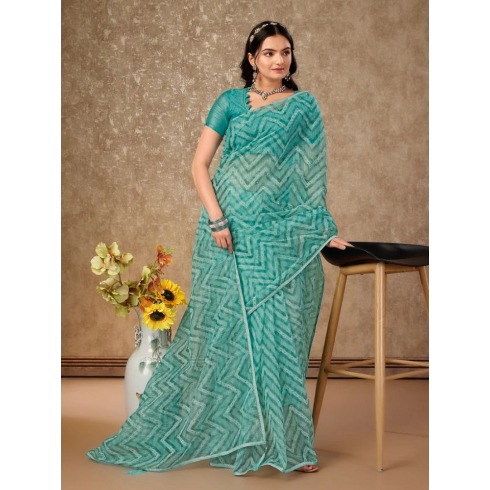 Generic Women's Linen Zig Zag Saree With Unstitched Blouse (Turquoise Green, 5-6 Mtrs) - Noble Nook