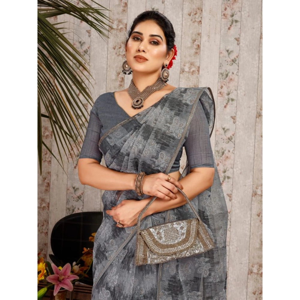 Generic Women's Linen Floral Printed Saree With Unstitched Blouse (Grey, 5-6 Mtrs) - Noble Nook