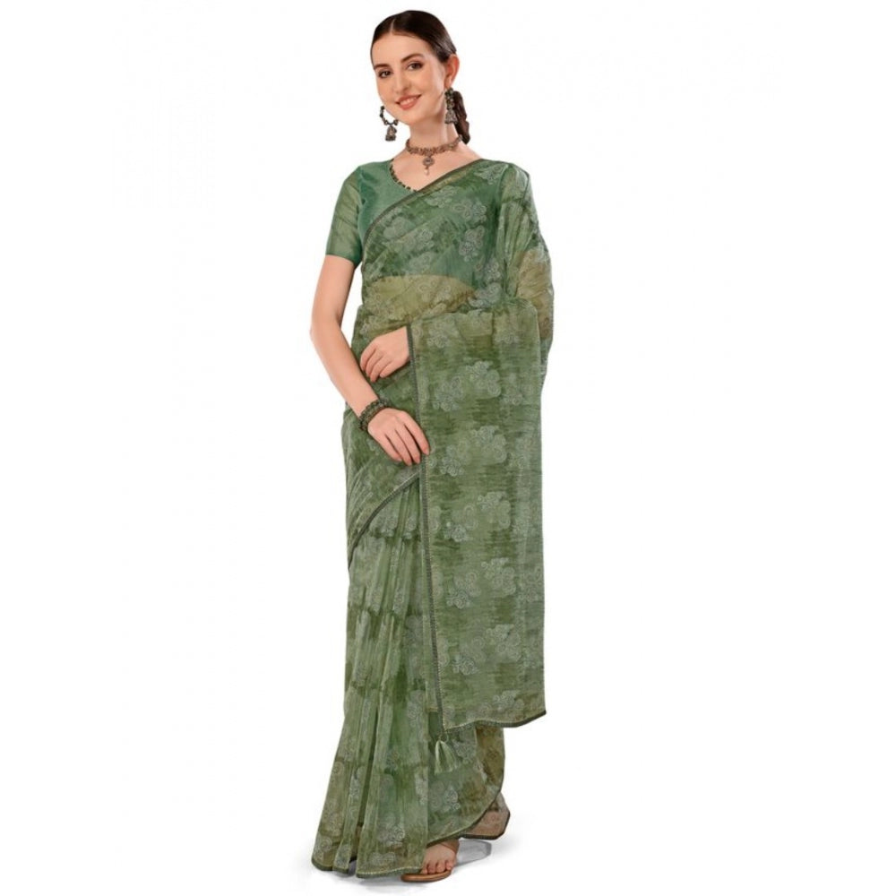 Generic Women's Linen Floral Printed Saree With Unstitched Blouse (Green, 5-6 Mtrs) - Noble Nook