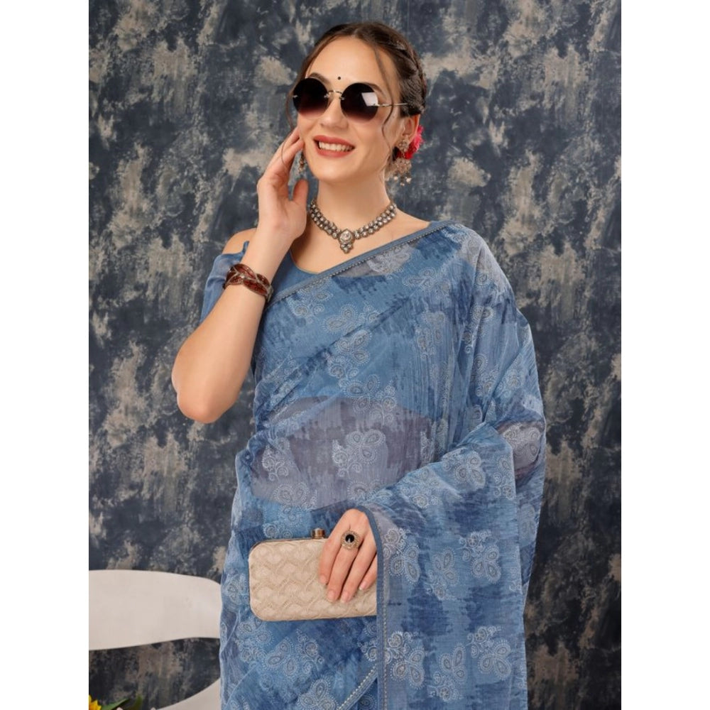 Generic Women's Linen Floral Printed Saree With Unstitched Blouse (Blue, 5-6 Mtrs) - Noble Nook