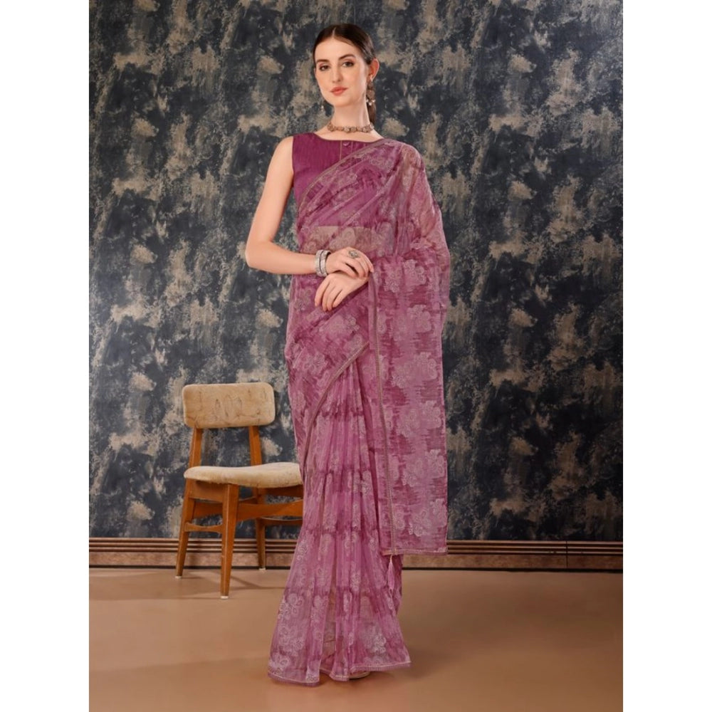 Generic Women's Linen Floral Printed Saree With Unstitched Blouse (Purple, 5-6 Mtrs) - Noble Nook