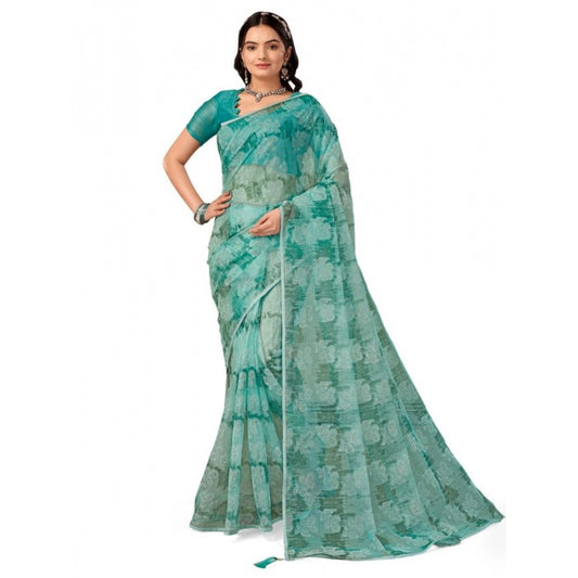 Generic Women's Linen Floral Printed Saree With Unstitched Blouse (Turquoise Green, 5-6 Mtrs) - Noble Nook