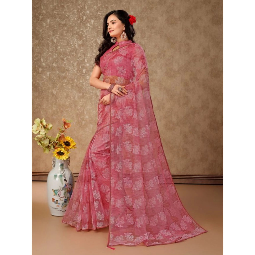 Generic Women's Linen Floral Printed Saree With Unstitched Blouse (Pink, 5-6 Mtrs) - Noble Nook