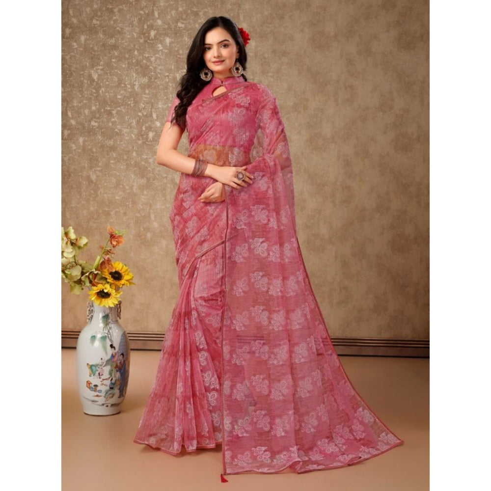 Generic Women's Linen Floral Printed Saree With Unstitched Blouse (Pink, 5-6 Mtrs) - Noble Nook