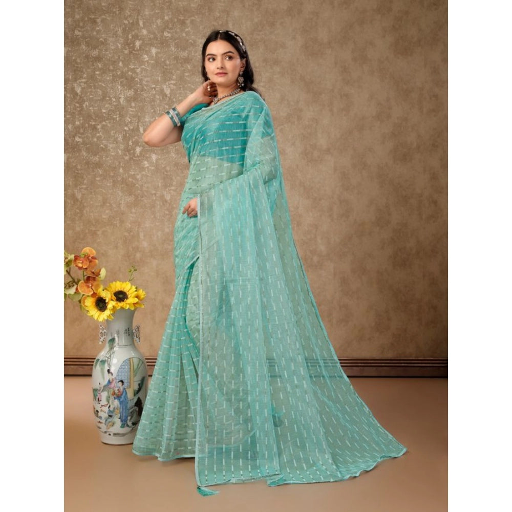 Generic Women's Linen Line Saree With Unstitched Blouse (Turquoise Green, 5-6 Mtrs) - Noble Nook