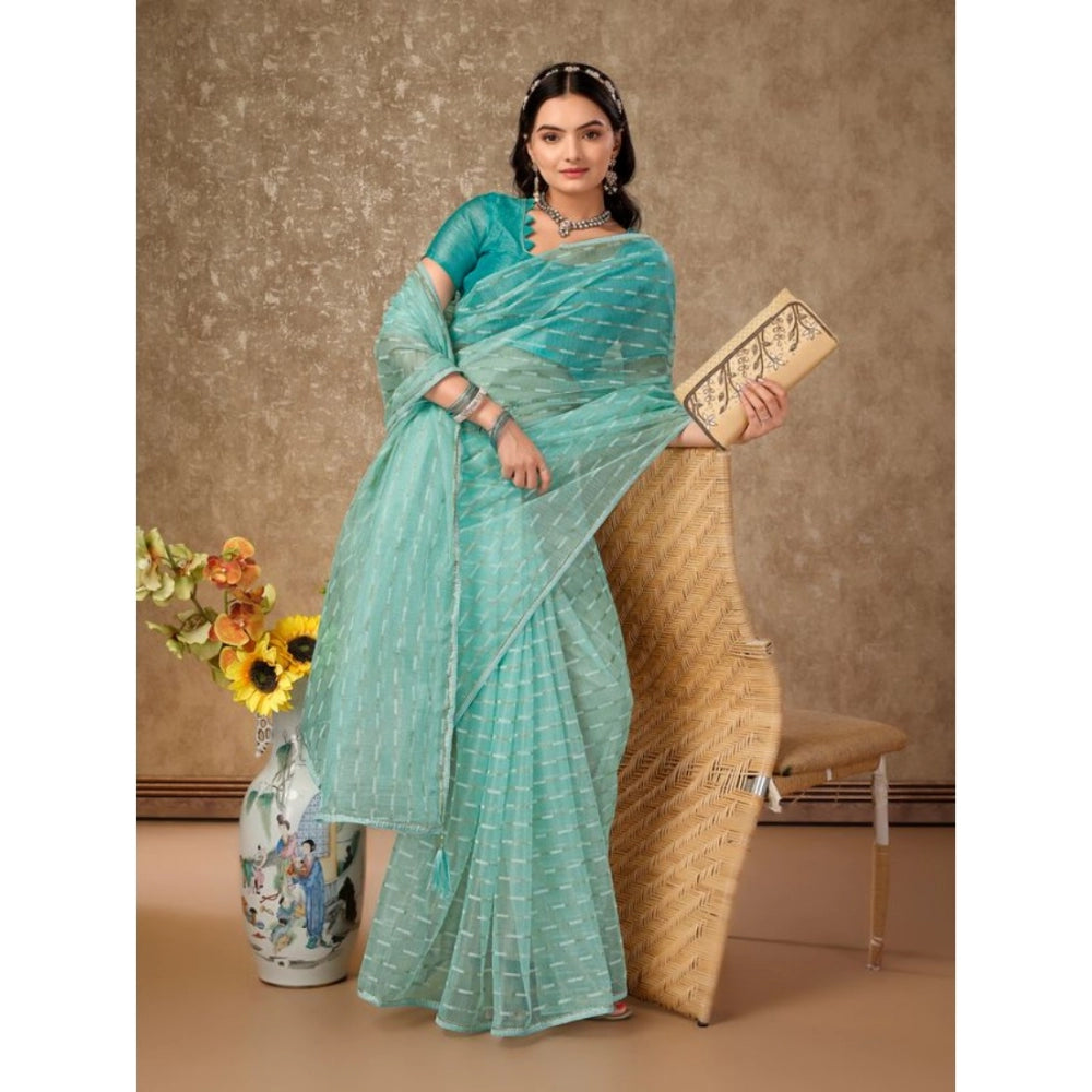 Generic Women's Linen Line Saree With Unstitched Blouse (Turquoise Green, 5-6 Mtrs) - Noble Nook