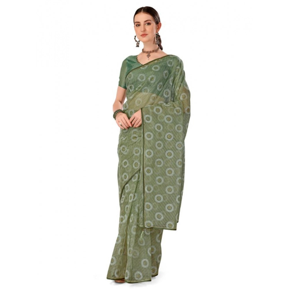 Generic Women's Linen Gola Printed Saree With Unstitched Blouse (Green, 5-6 Mtrs) - Noble Nook