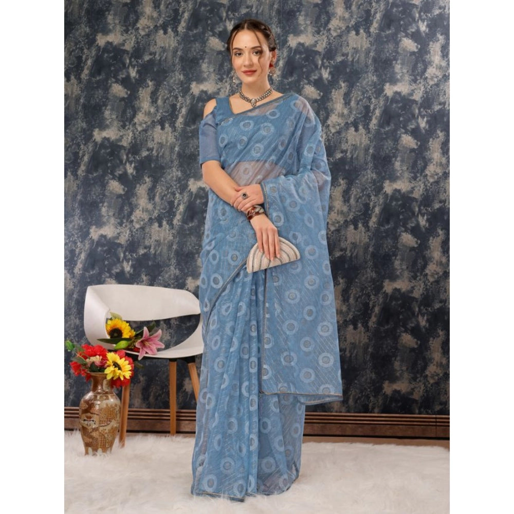 Generic Women's Linen Gola Printed Saree With Unstitched Blouse (Blue, 5-6 Mtrs) - Noble Nook