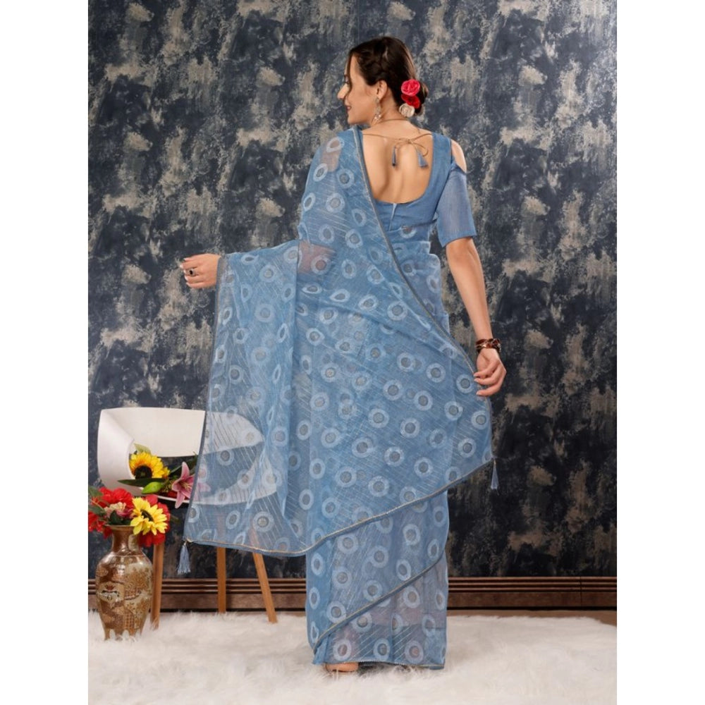 Generic Women's Linen Gola Printed Saree With Unstitched Blouse (Blue, 5-6 Mtrs) - Noble Nook