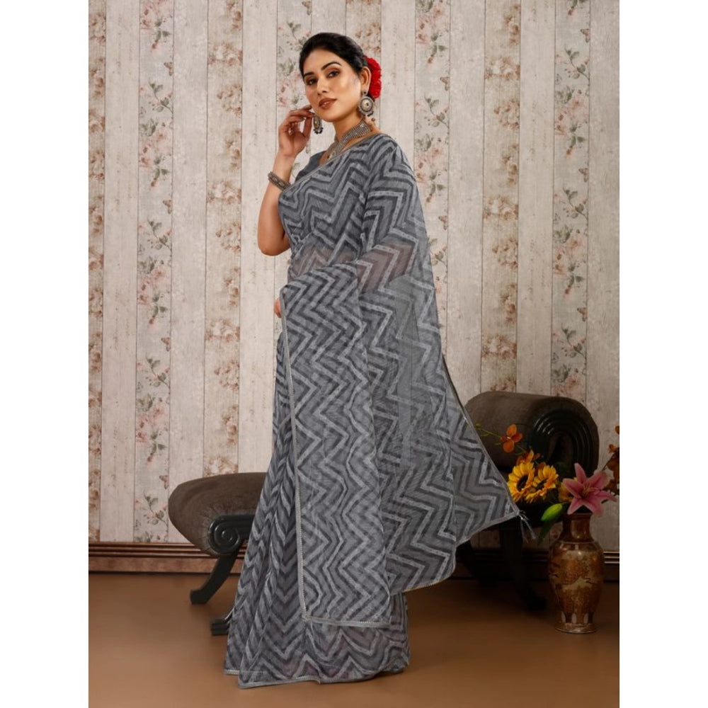 Generic Women's Linen Zig Zag Saree With Unstitched Blouse (Grey, 5-6 Mtrs) - Noble Nook