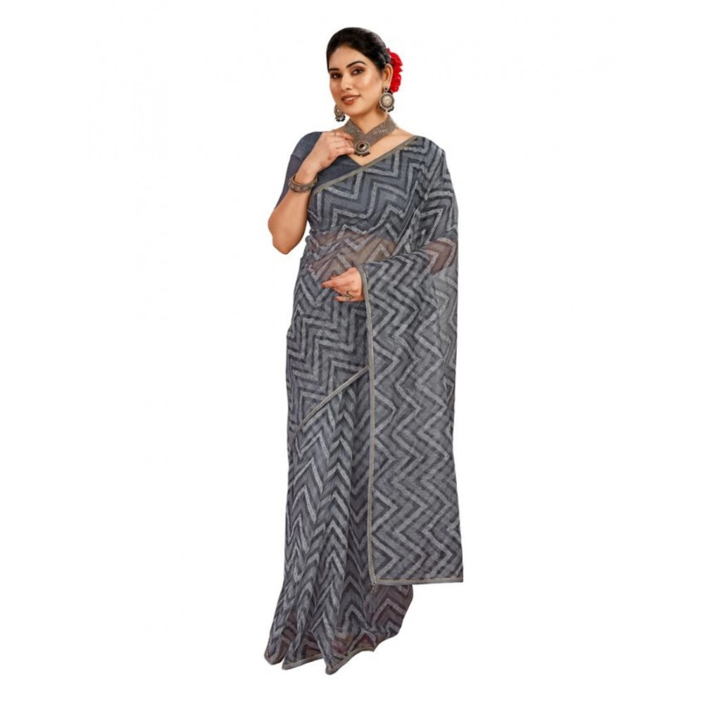 Generic Women's Linen Zig Zag Saree With Unstitched Blouse (Grey, 5-6 Mtrs) - Noble Nook