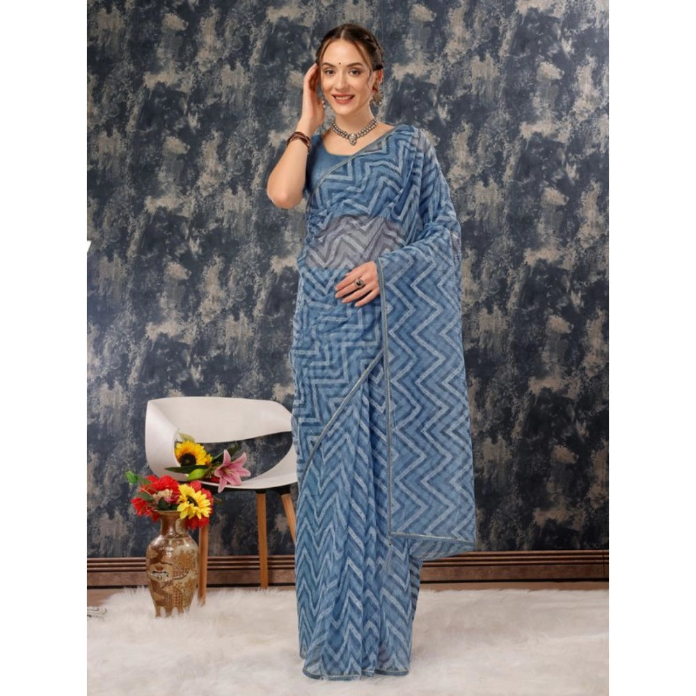 Generic Women's Linen Zig Zag Saree With Unstitched Blouse (Blue, 5-6 Mtrs) - Noble Nook