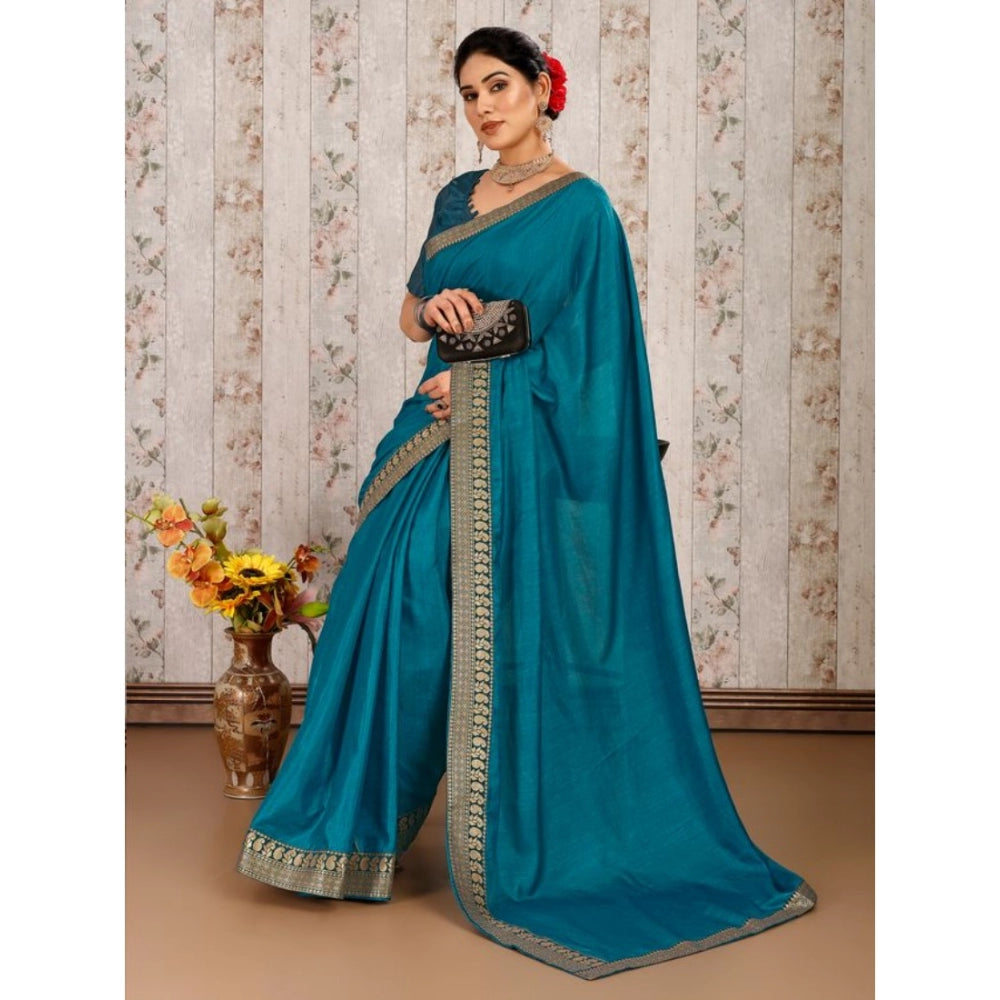 Generic Women's Vichitra Plain Saree With Unstitched Blouse (Blue, 5-6 Mtrs) - Noble Nook