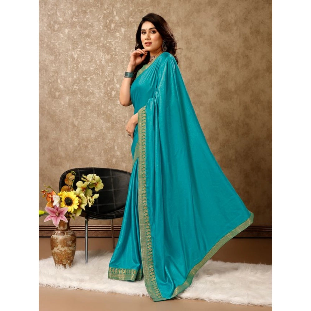 Generic Women's Vichitra Plain Saree With Unstitched Blouse (Teal Blue, 5-6 Mtrs) - Noble Nook