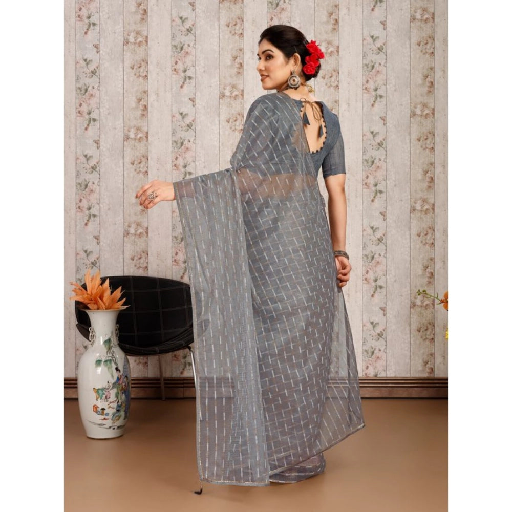 Generic Women's Linen Line Saree With Unstitched Blouse (Grey, 5-6 Mtrs) - Noble Nook