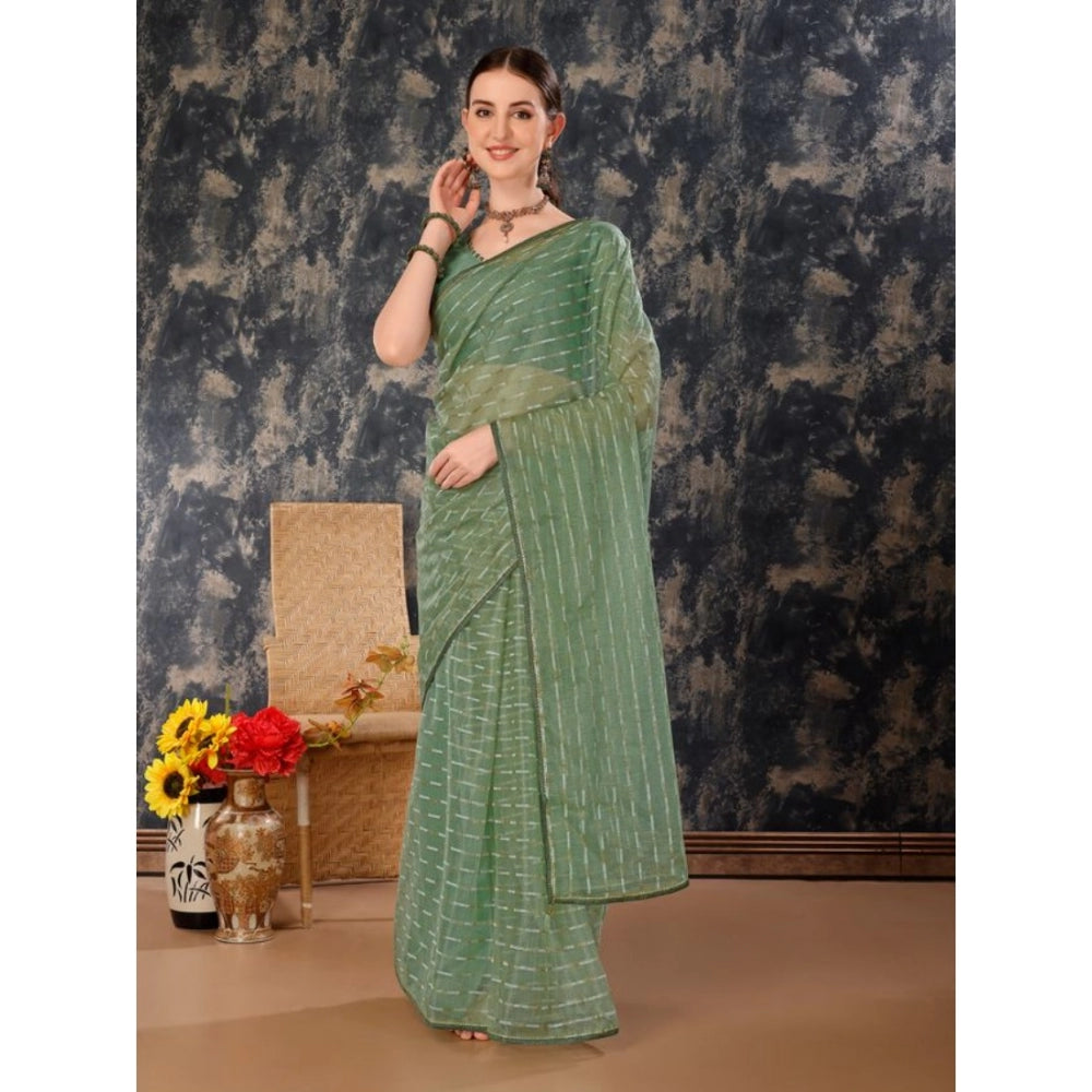 Generic Women's Linen Line Saree With Unstitched Blouse (Green, 5-6 Mtrs) - Noble Nook