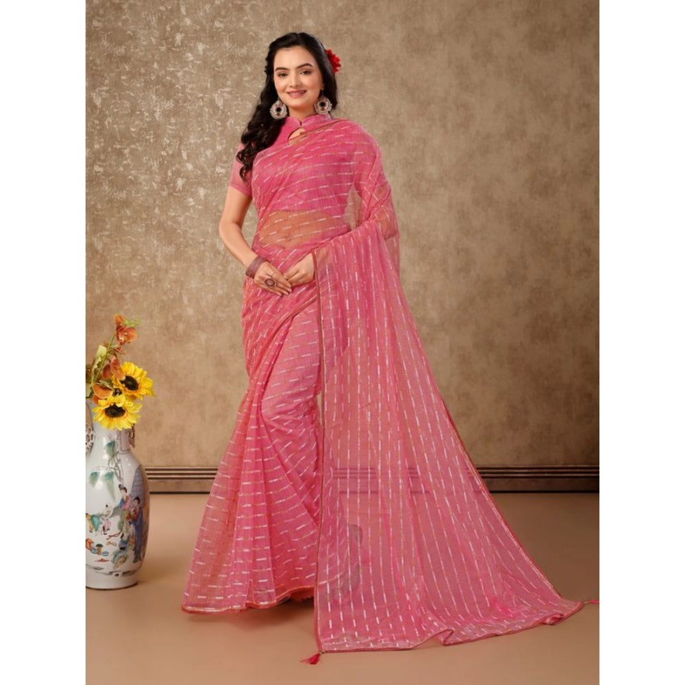 Generic Women's Linen Line Saree With Unstitched Blouse (Pink, 5-6 Mtrs) - Noble Nook